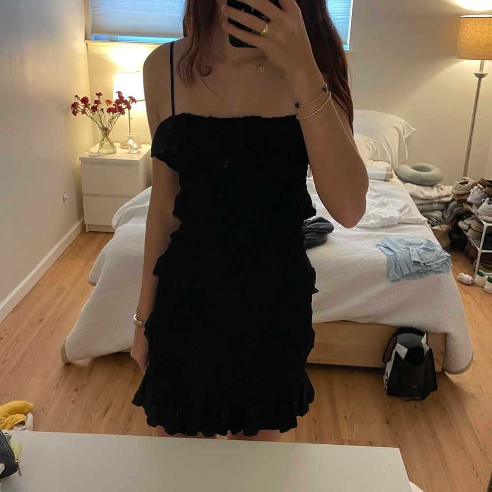 black ruffle mini dress